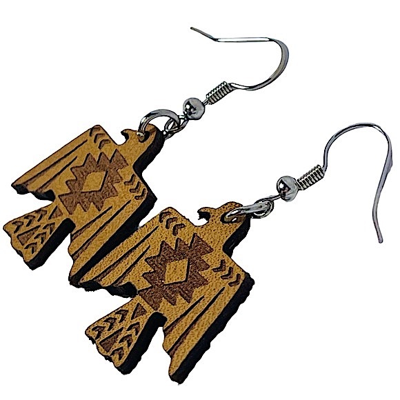 Tribal Aztec style Eagle brown/tan leather embossed dangly earrings NEW - Picture 3 of 7